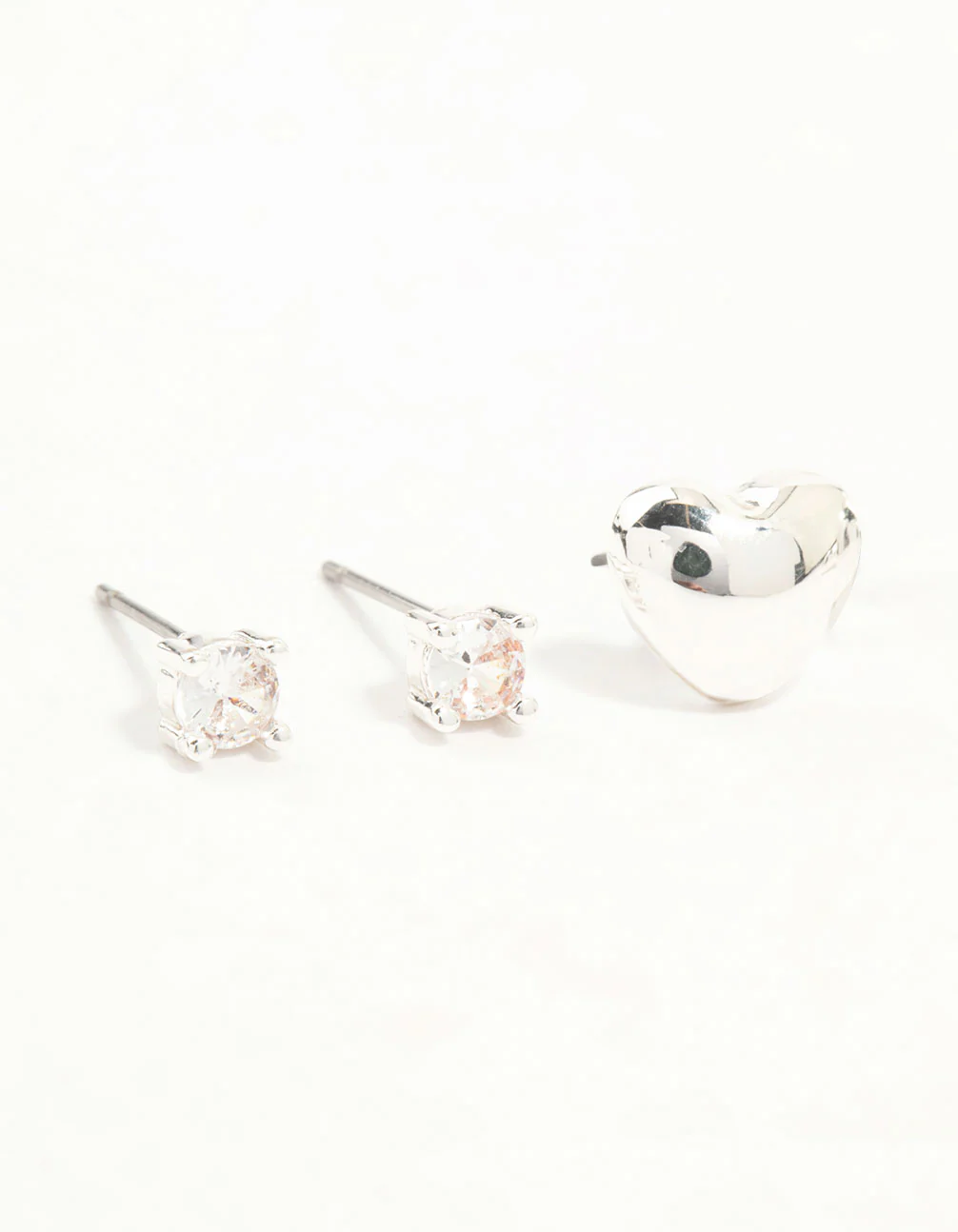 Silver Cubic Zirconia Chubby Heart Stud & Hoop Earrings 3-Pack - Image 2
