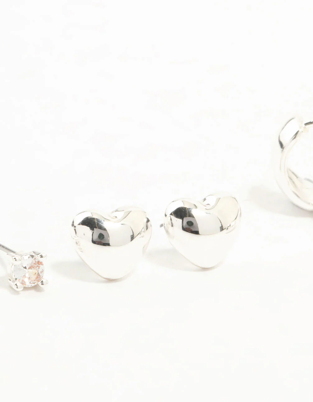 Silver Cubic Zirconia Chubby Heart Stud & Hoop Earrings 3-Pack - Image 3