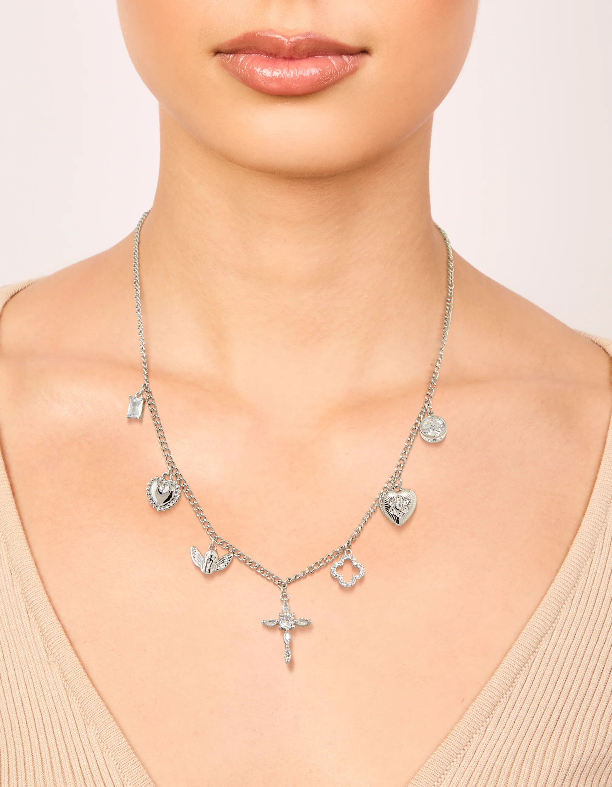 Silver Cubic Zirconia Cross & Heart Charm Necklace - Image 2
