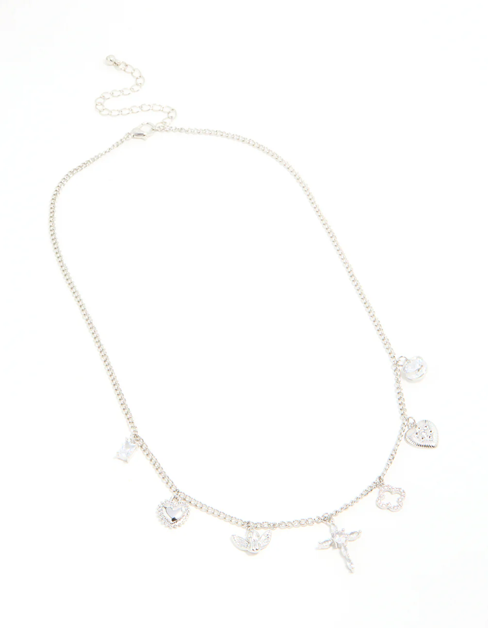 Silver Cubic Zirconia Cross & Heart Charm Necklace - Image 4