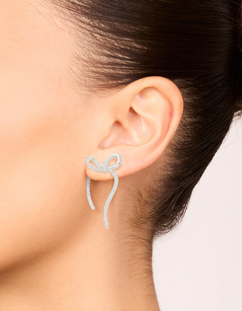Silver Cubic Zirconia Dainty Ribbon Stud Earrings - Image 2