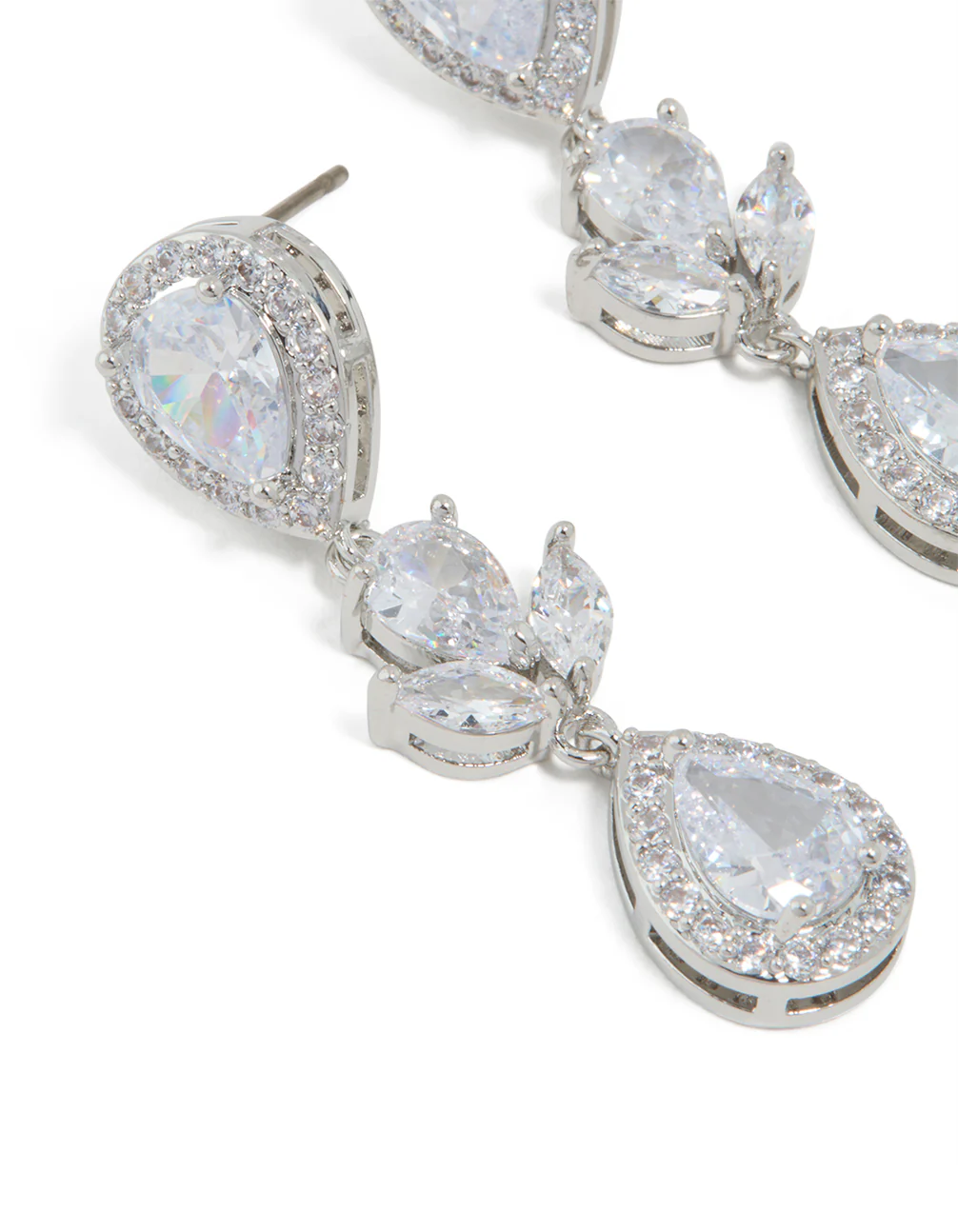 Silver Cubic Zirconia Double Halo Drop Earrings - Image 2