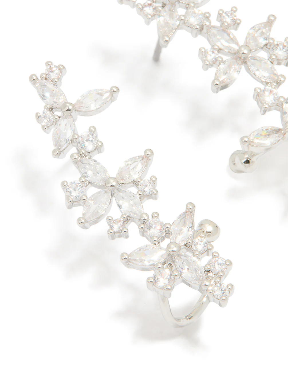 Silver Cubic Zirconia Floral Marquise Cuff Earrings - Image 2