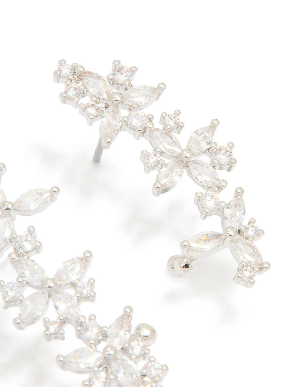 Silver Cubic Zirconia Floral Marquise Cuff Earrings - Image 3
