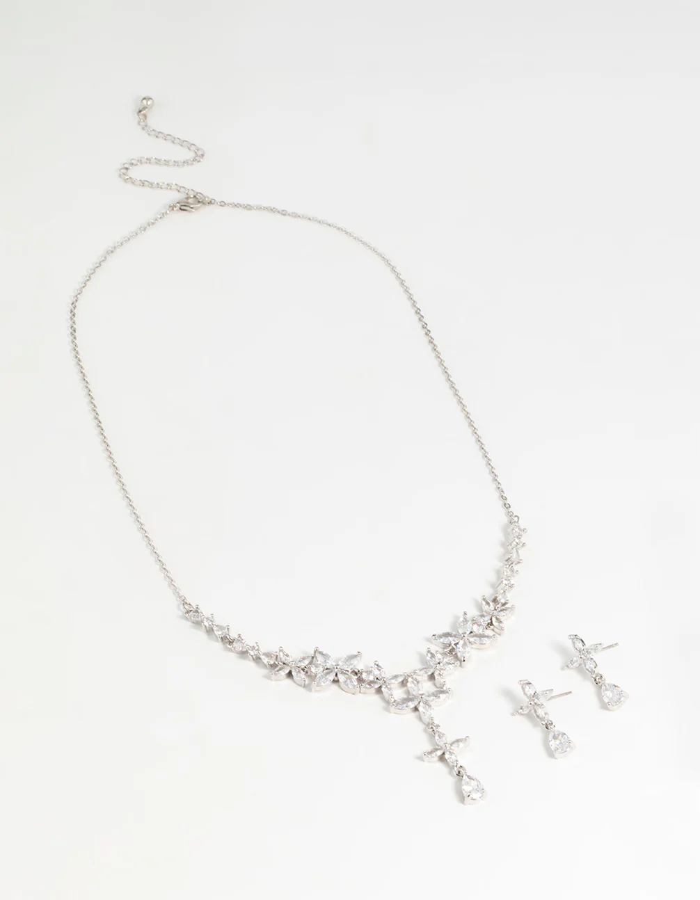 Silver Cubic Zirconia Flower Drop Earrings & Necklace Set - Image 2
