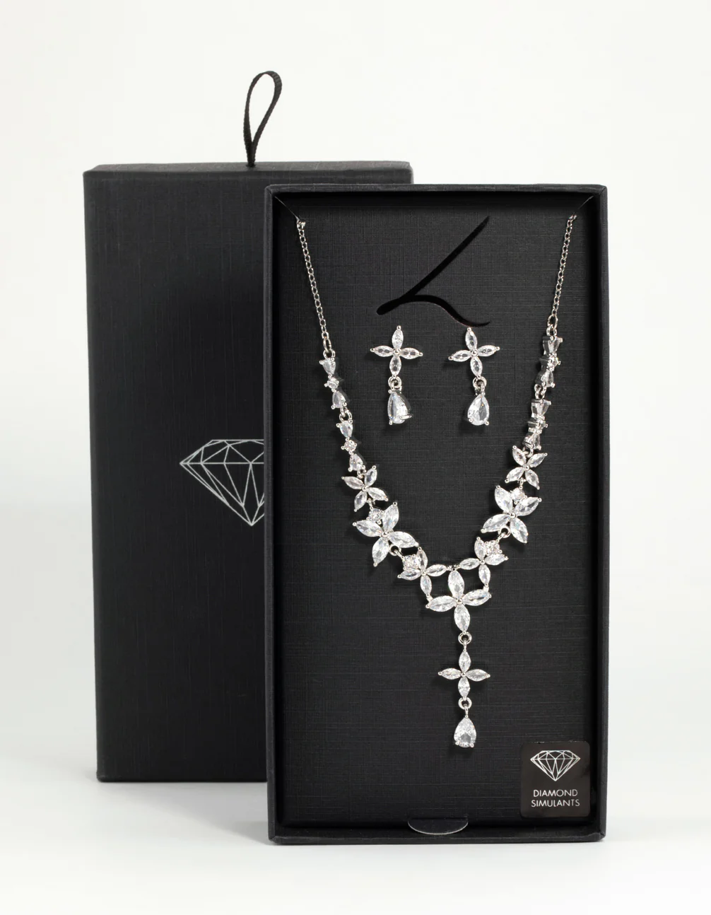 Silver Cubic Zirconia Flower Drop Earrings & Necklace Set - Image 3