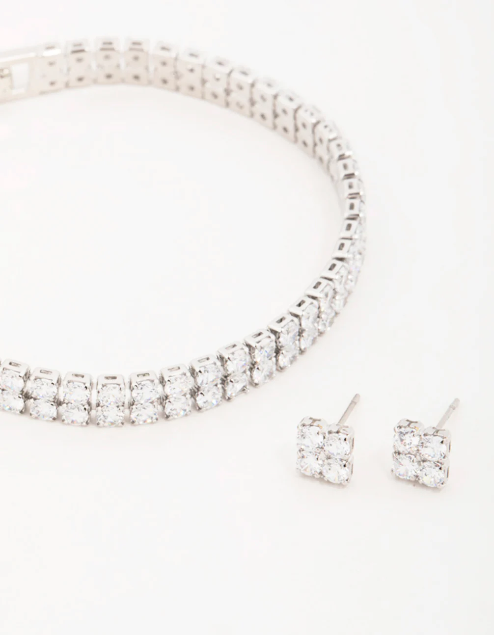 Silver Cubic Zirconia Flower Earrings &  Tennis Bracelet Set - Image 2