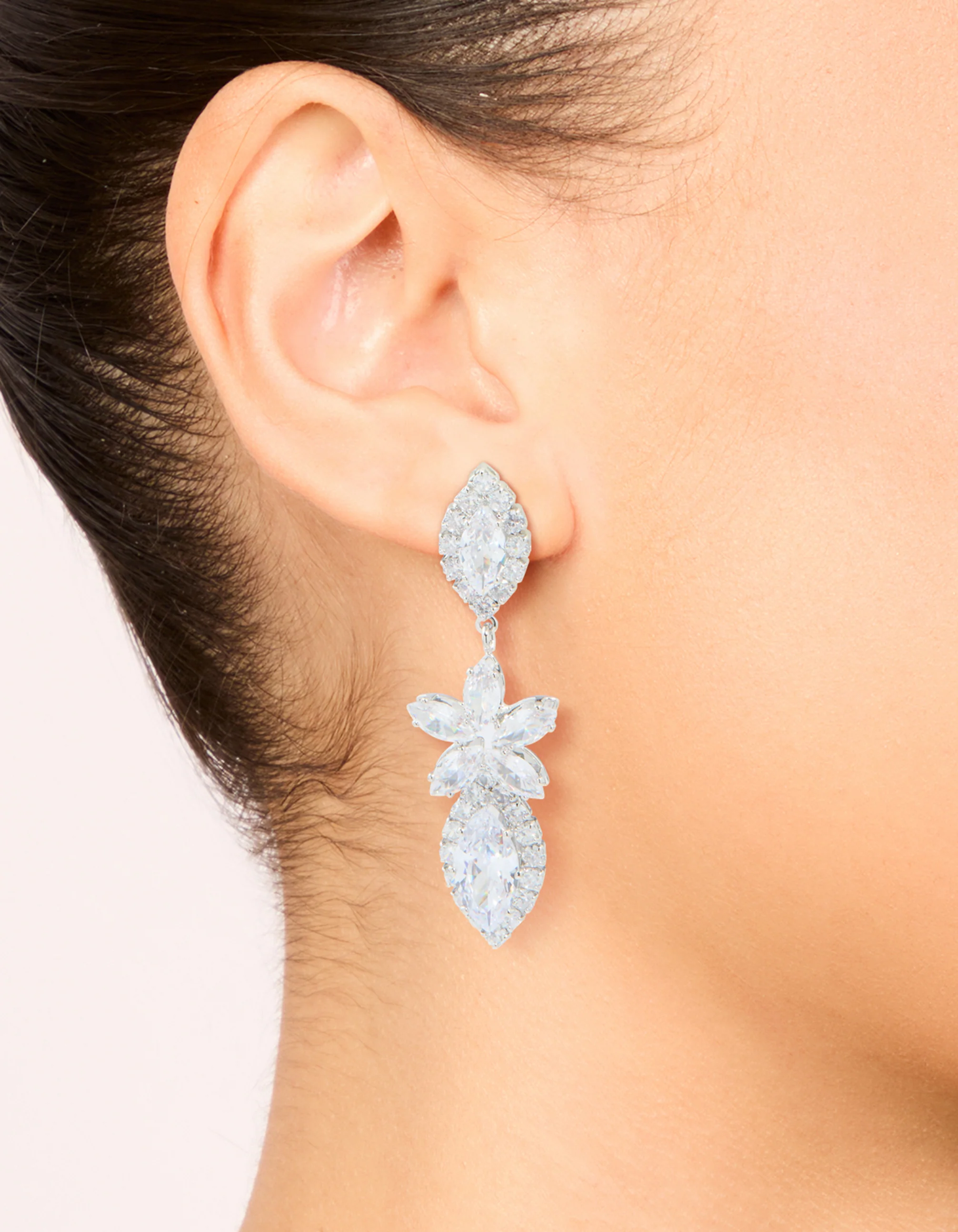 Silver Cubic Zirconia Flower Statement Drop Earrings - Image 2