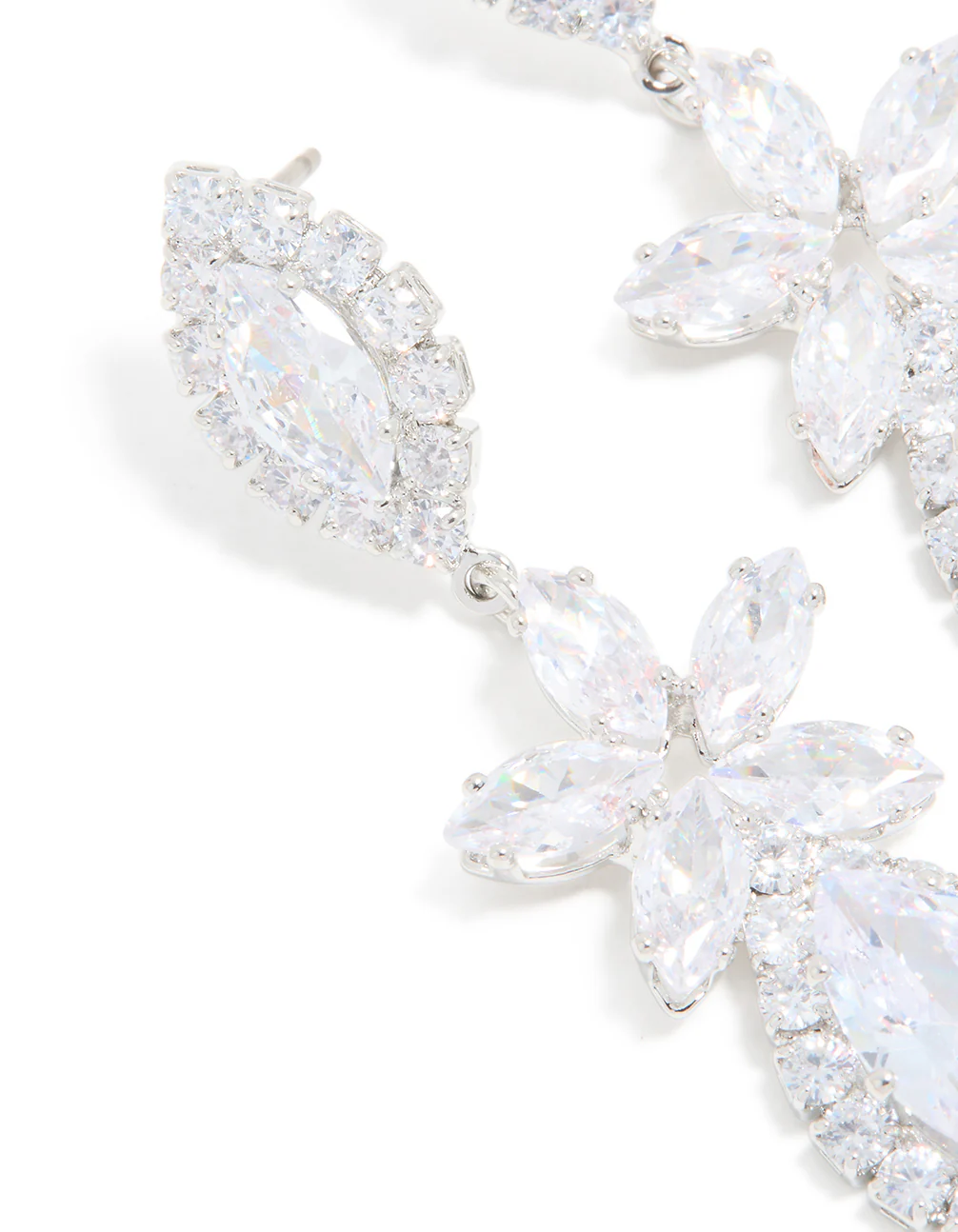 Silver Cubic Zirconia Flower Statement Drop Earrings - Image 4