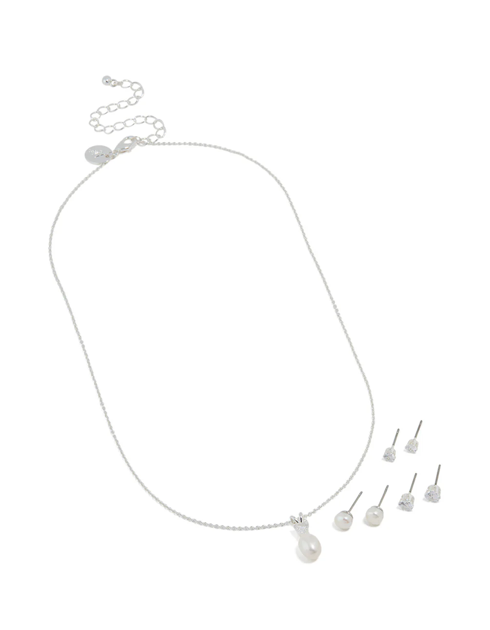Silver Cubic Zirconia Freshwater Pearl Stud Necklace & Earrings Set - Image 2