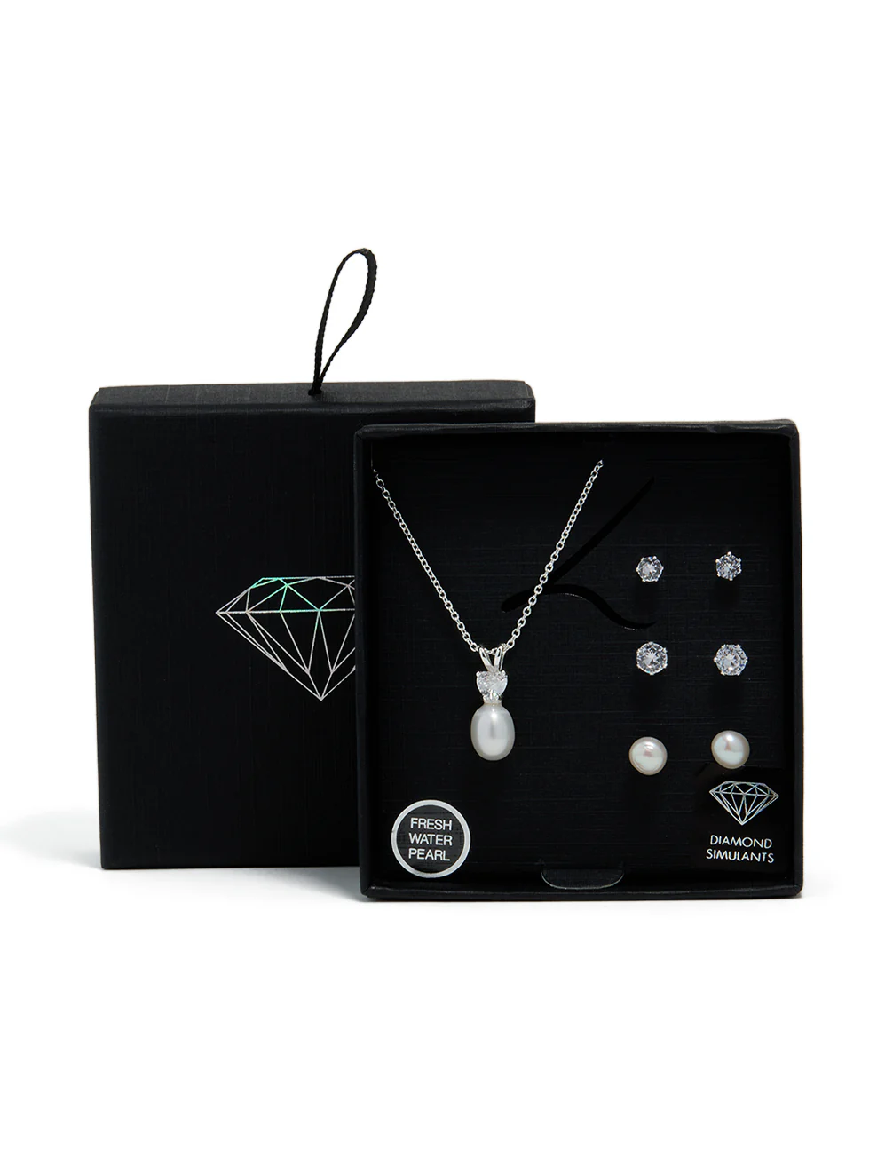 Silver Cubic Zirconia Freshwater Pearl Stud Necklace & Earrings Set - Image 3