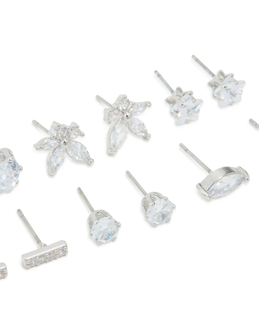 Silver Cubic Zirconia Heart & Flower Stud Earrings 6-Pack - Image 2