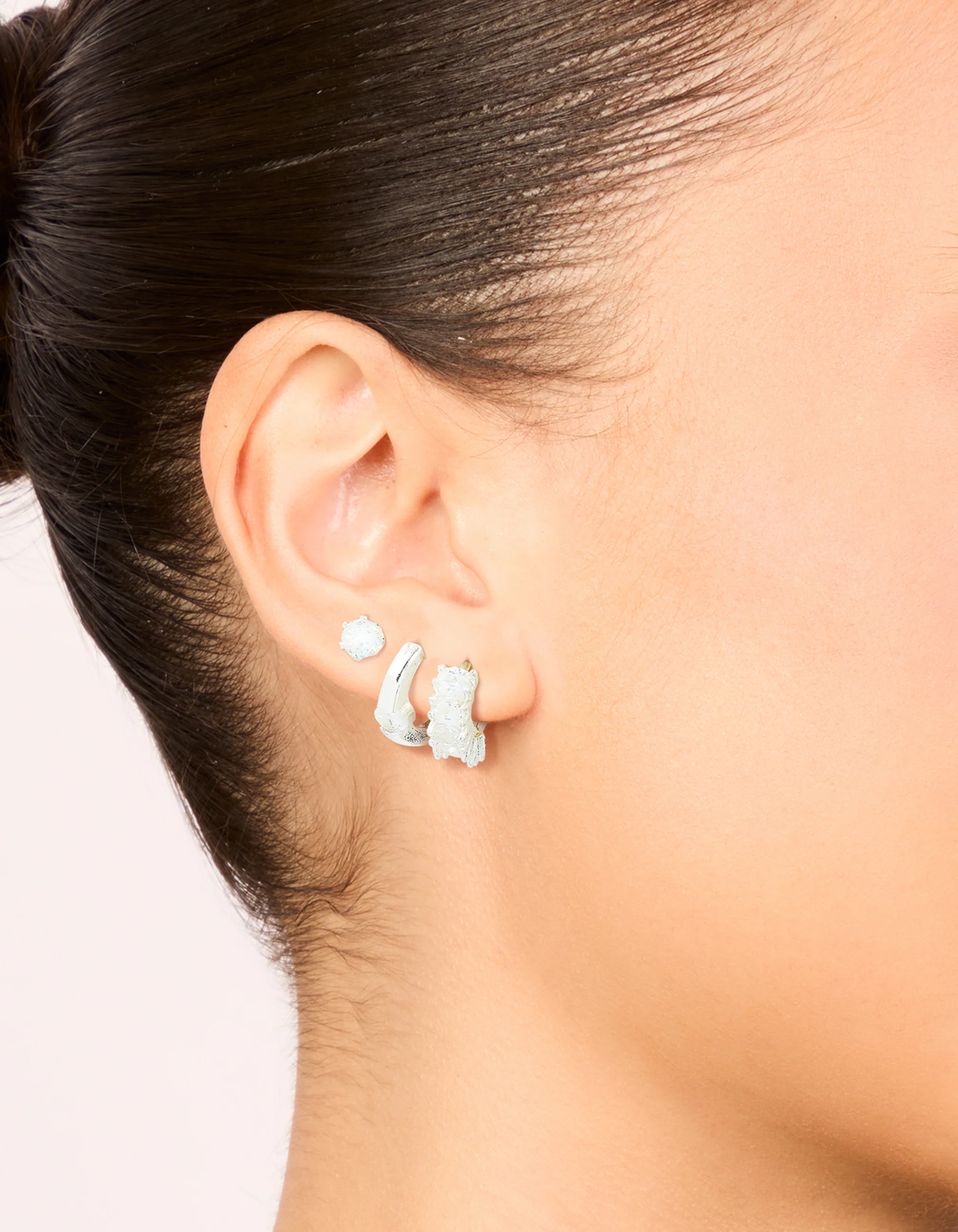 Silver Cubic Zirconia Huggie & Stud Earrings 3-Pack - Image 2