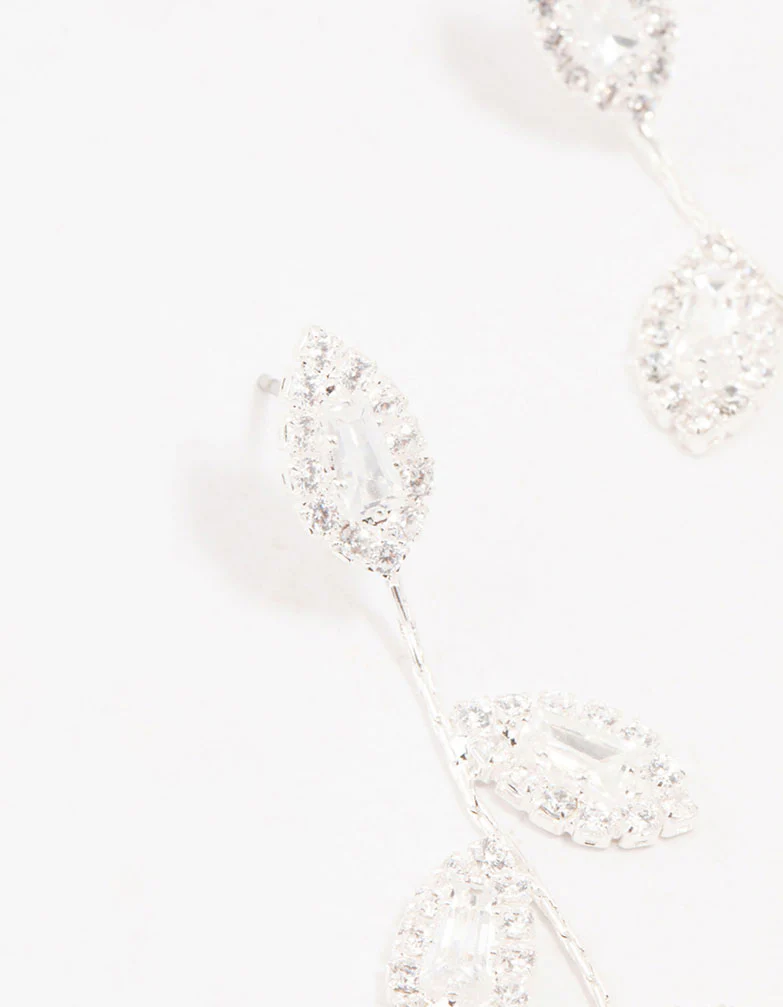 Silver Cubic Zirconia Leaf Drop Earrings - Image 2