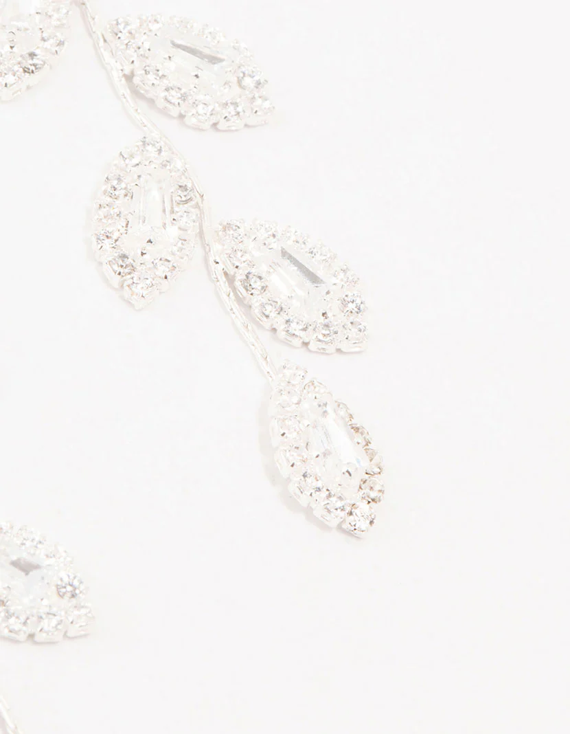 Silver Cubic Zirconia Leaf Drop Earrings - Image 3