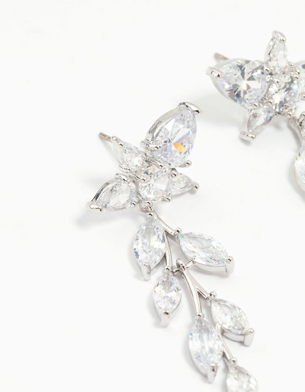 Silver Cubic Zirconia Leaf Flower Drop Earrings - Image 4