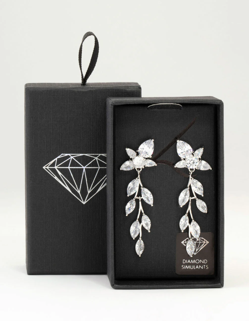 Silver Cubic Zirconia Leaf Flower Drop Earrings - Image 5