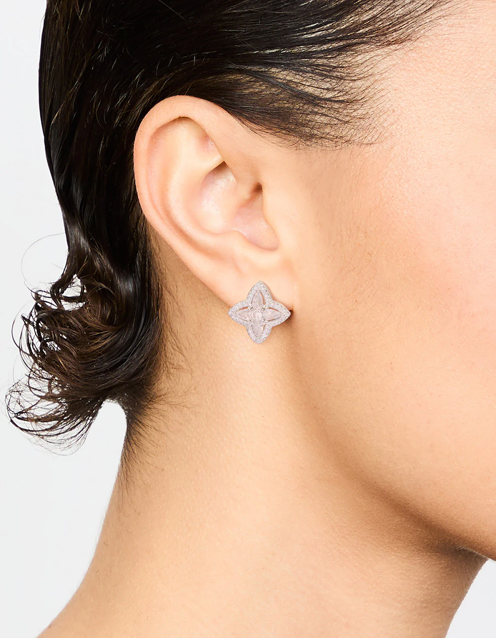 Silver Cubic Zirconia Marquise Flower Stud Earrings - Image 2