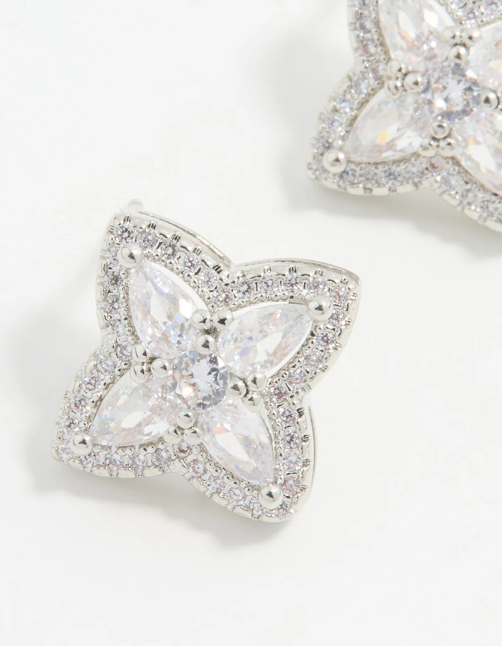 Silver Cubic Zirconia Marquise Flower Stud Earrings - Image 4