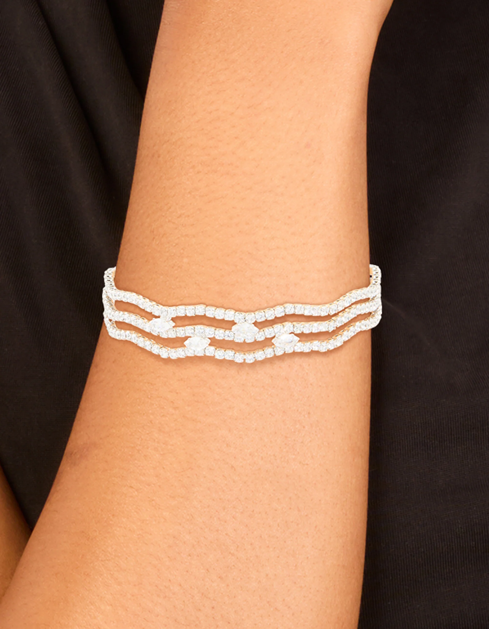 Silver Cubic Zirconia Marquise Wavy Wrist Cuff - Image 2