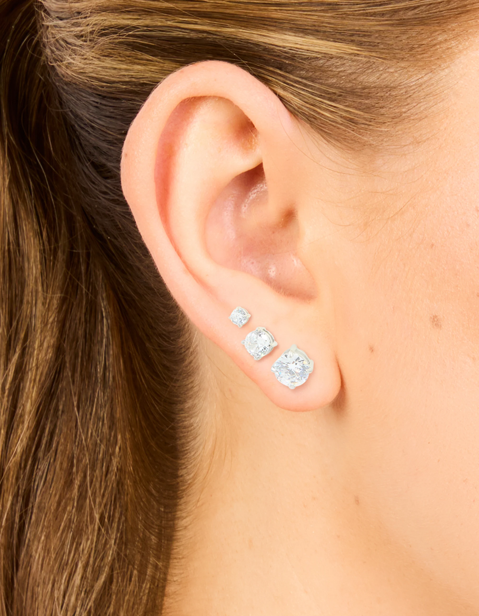Silver Cubic Zirconia Multi-Sized Stud Earrings 3-Pack - Image 2