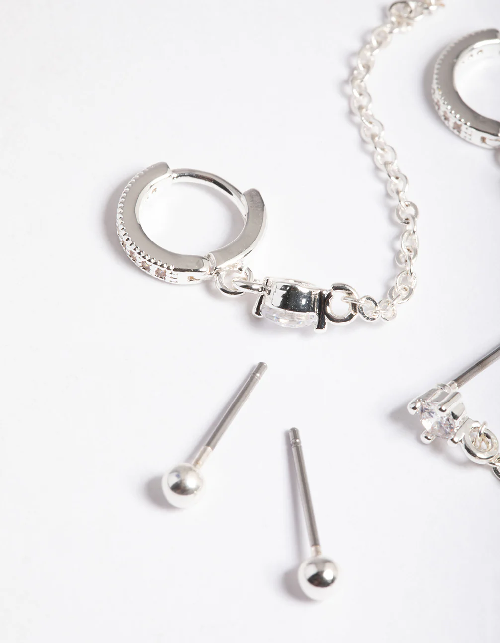 Silver Plated Cubic Zirconia Pave Huggie Chain Earrings 6-Pack - Image 3