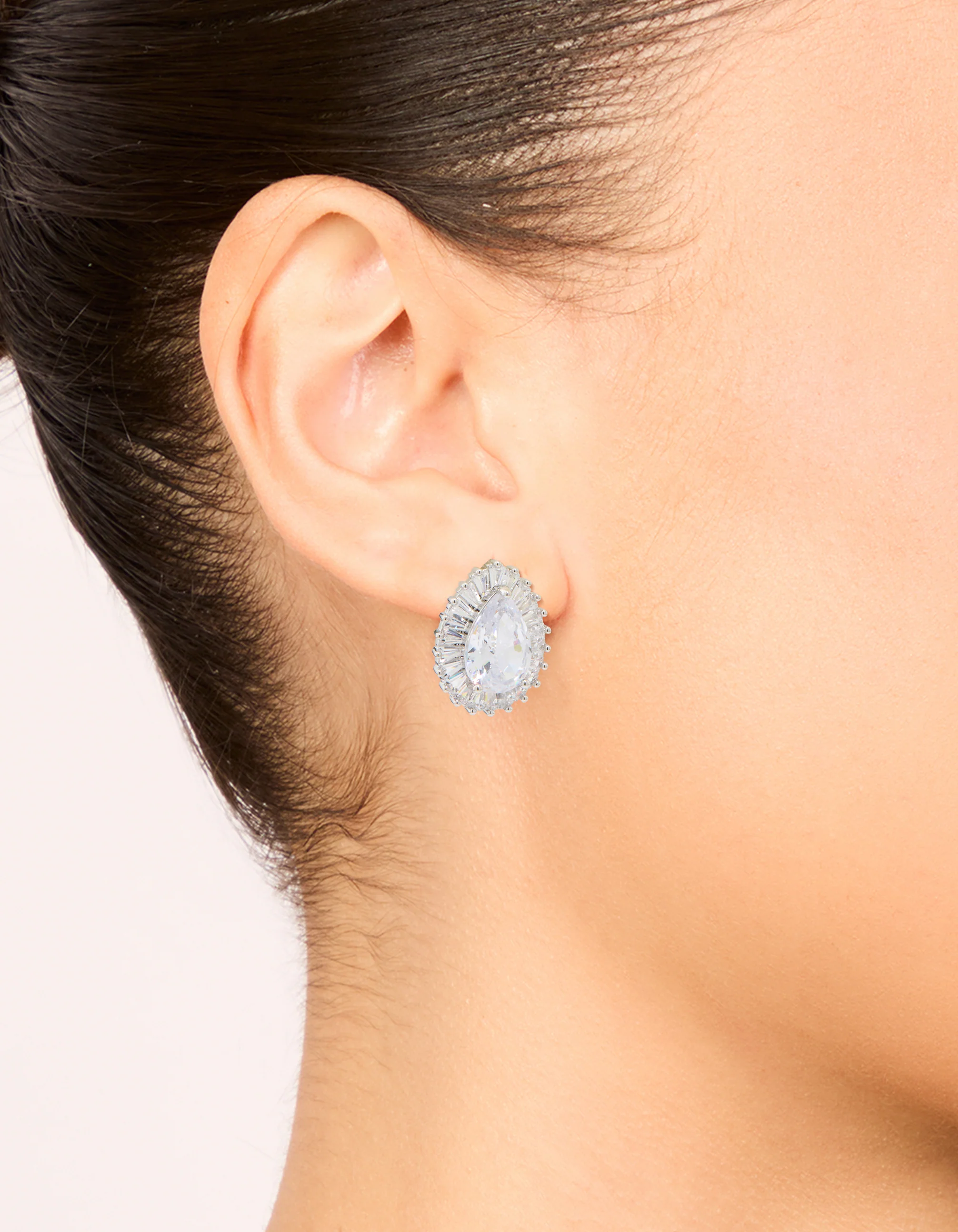 Silver Cubic Zirconia Pear Statement Stud Earrings - Image 2