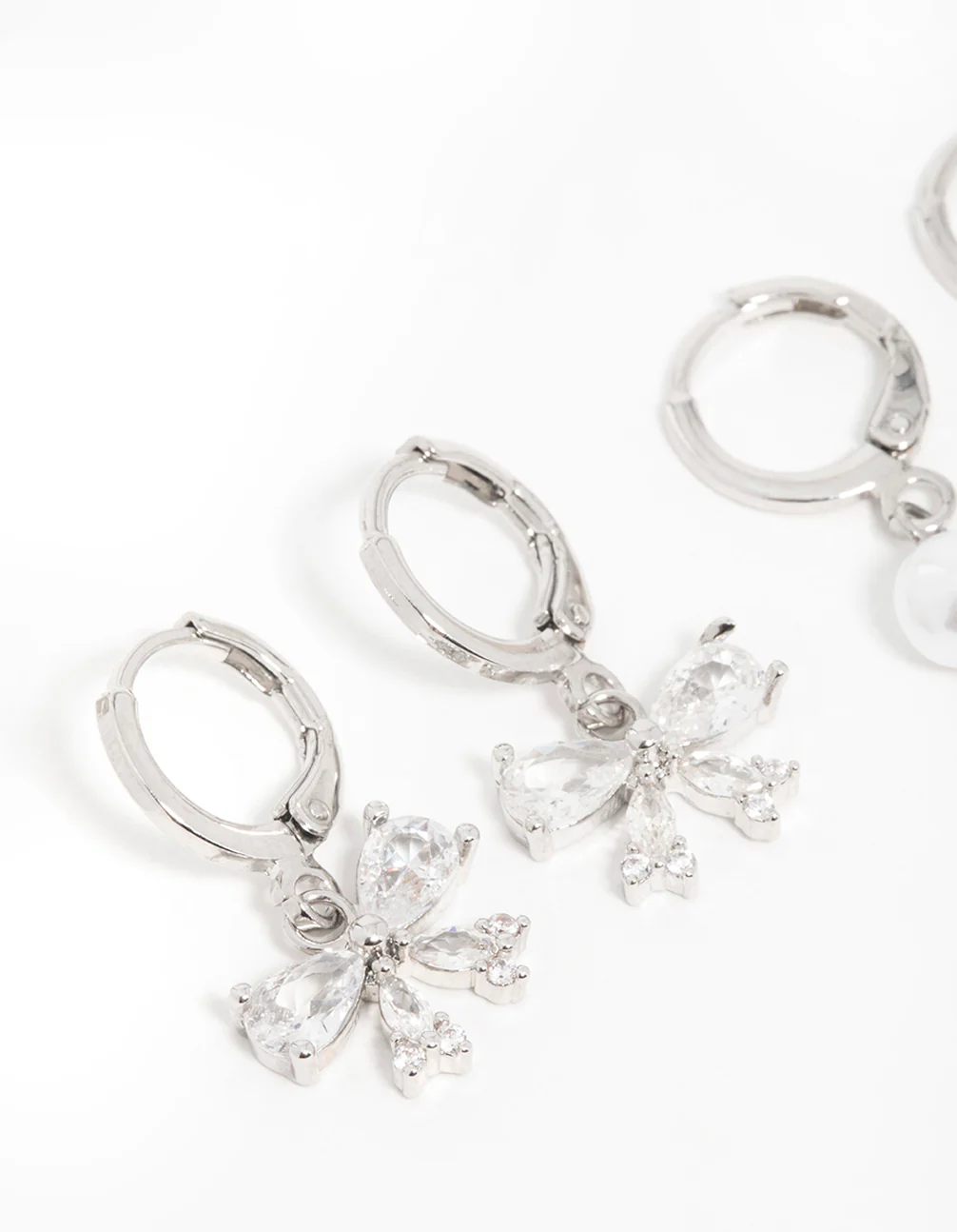 Silver Cubic Zirconia Pearl Bow Huggie Earrings 3-Pack - Image 4