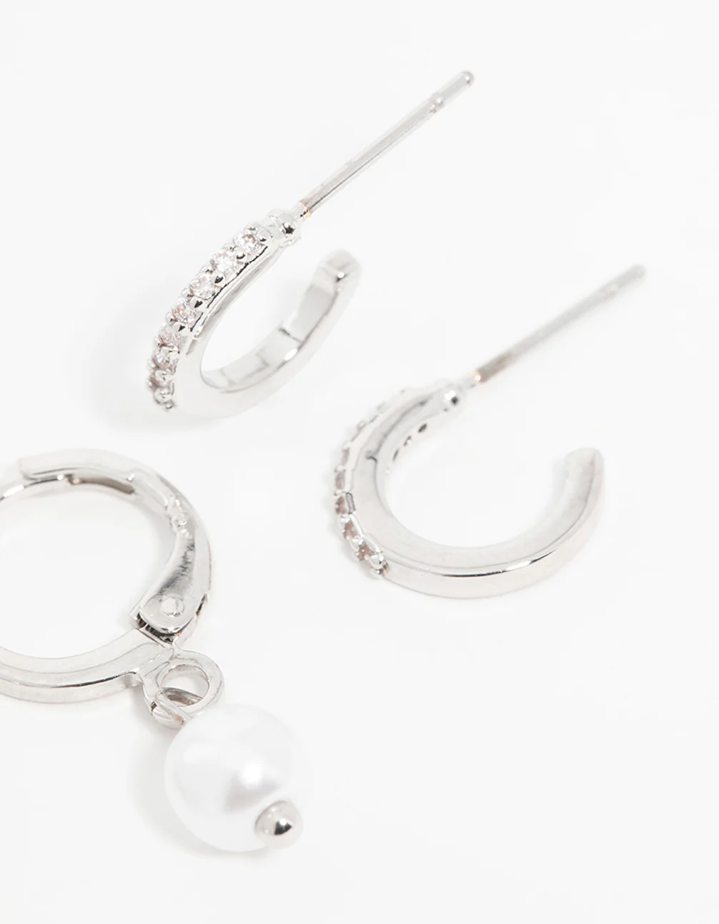Silver Cubic Zirconia Pearl Bow Huggie Earrings 3-Pack - Image 5