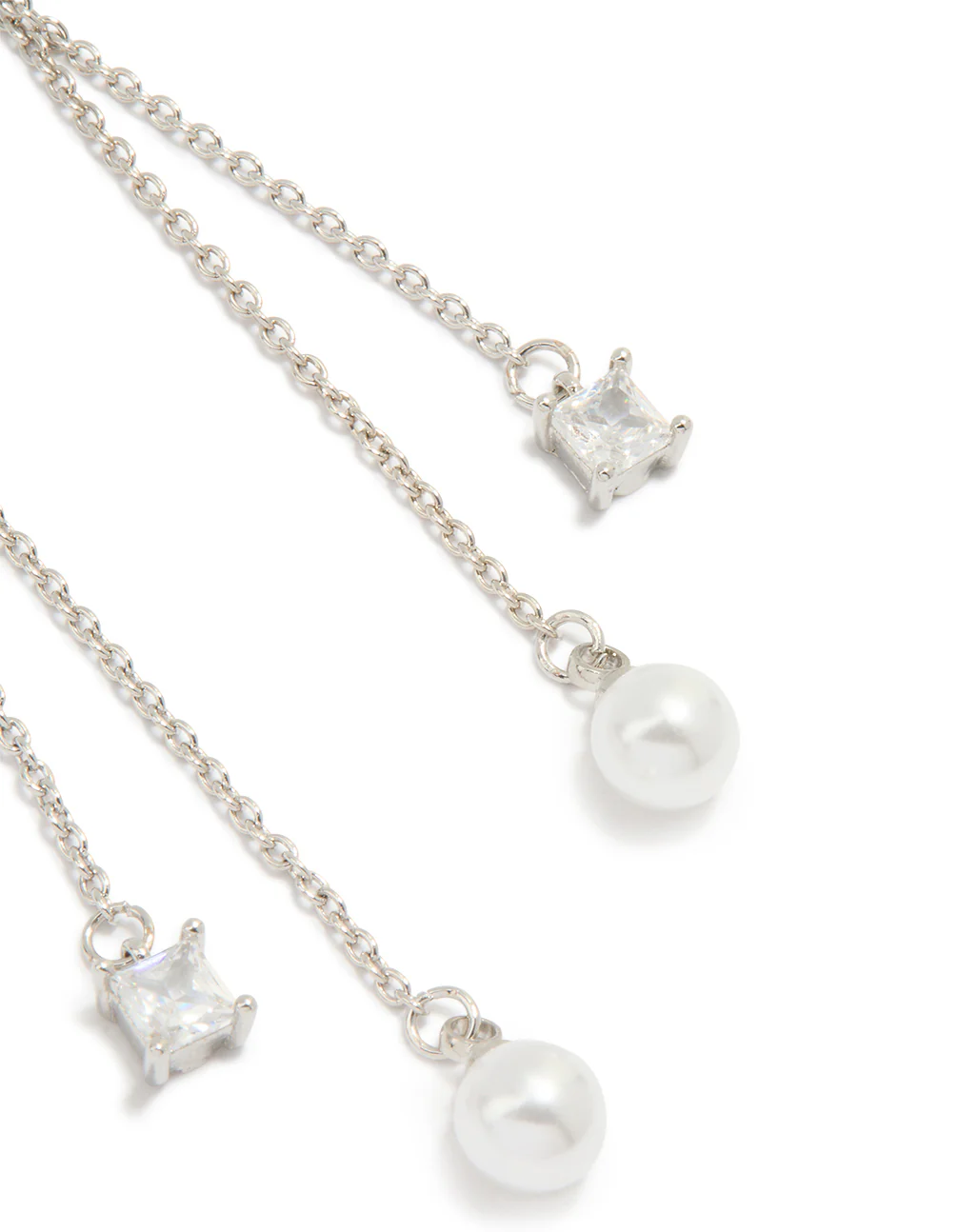 Silver Cubic Zirconia Pearl Chain Drop Earrings - Image 3