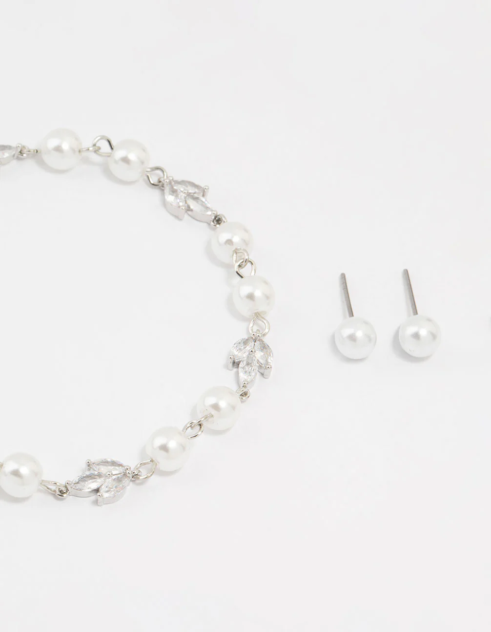 Silver Cubic Zirconia Pearl Leaf Bracelet & Earrings Set - Image 2