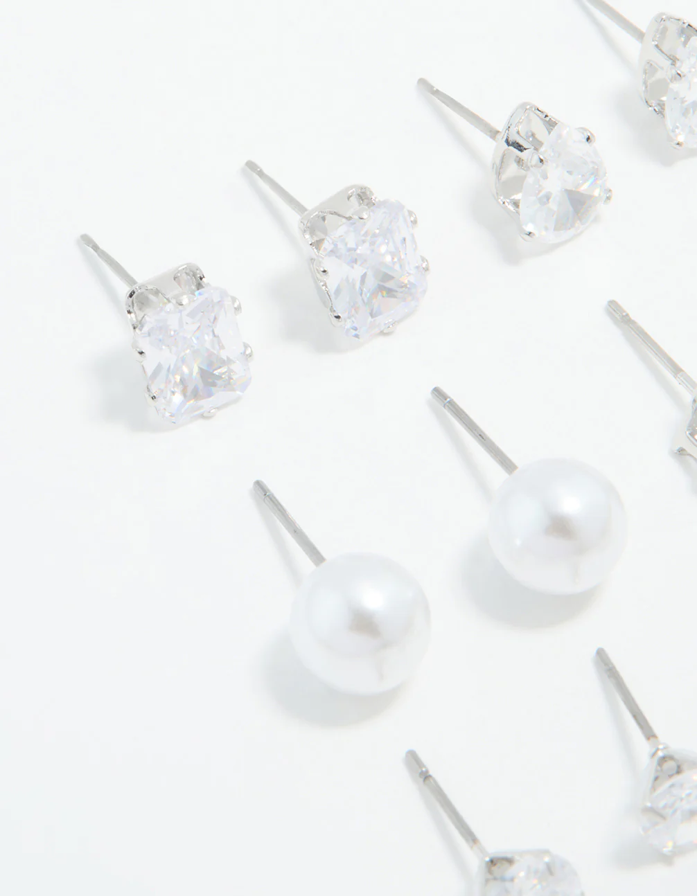 Silver Cubic Zirconia & Pearl Mixed Stud Earrings 6-Pack - Image 2