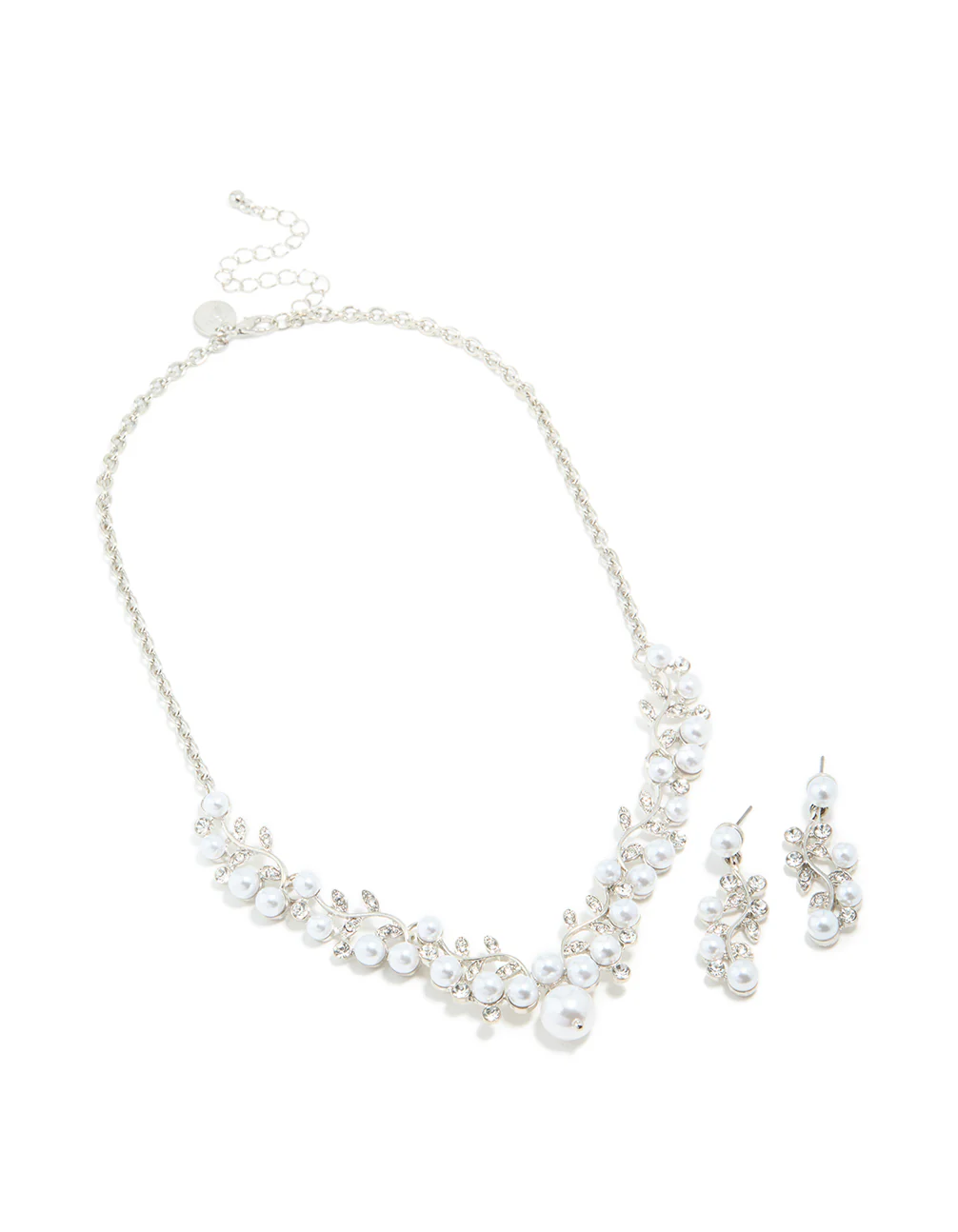 Silver Cubic Zirconia Pearl Vine Necklace & Earrings Set - Image 2
