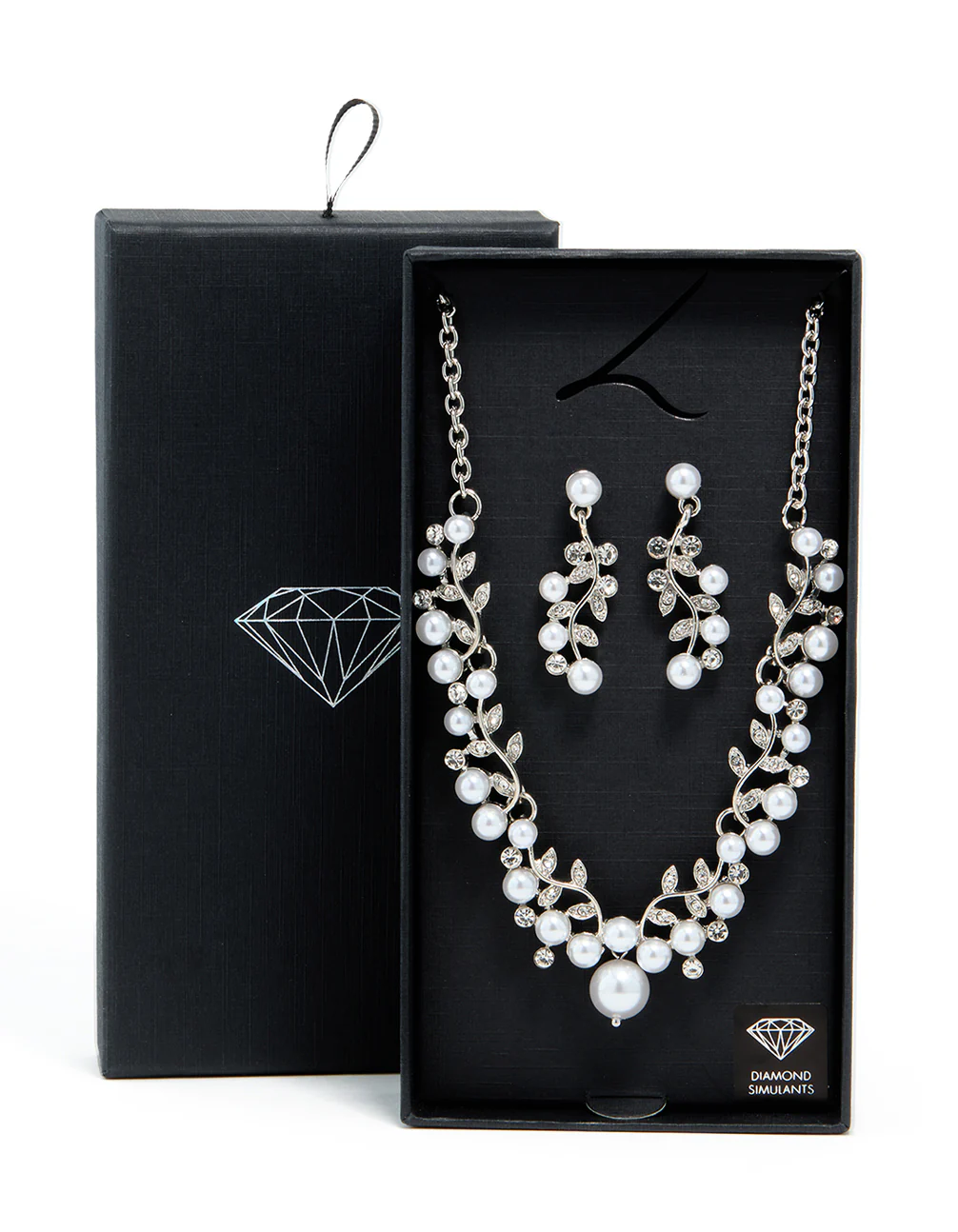 Silver Cubic Zirconia Pearl Vine Necklace & Earrings Set - Image 3
