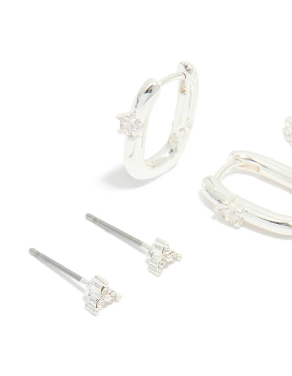 Silver Cubic Zirconia Rectangle Hoop & Stud Earrings 3-Pack - Image 4