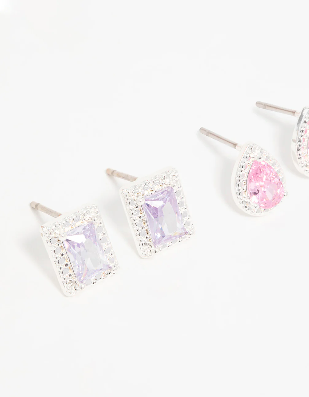 Silver Cubic Zirconia Teardrop & Square Stud Earrings 3-Pack - Image 2
