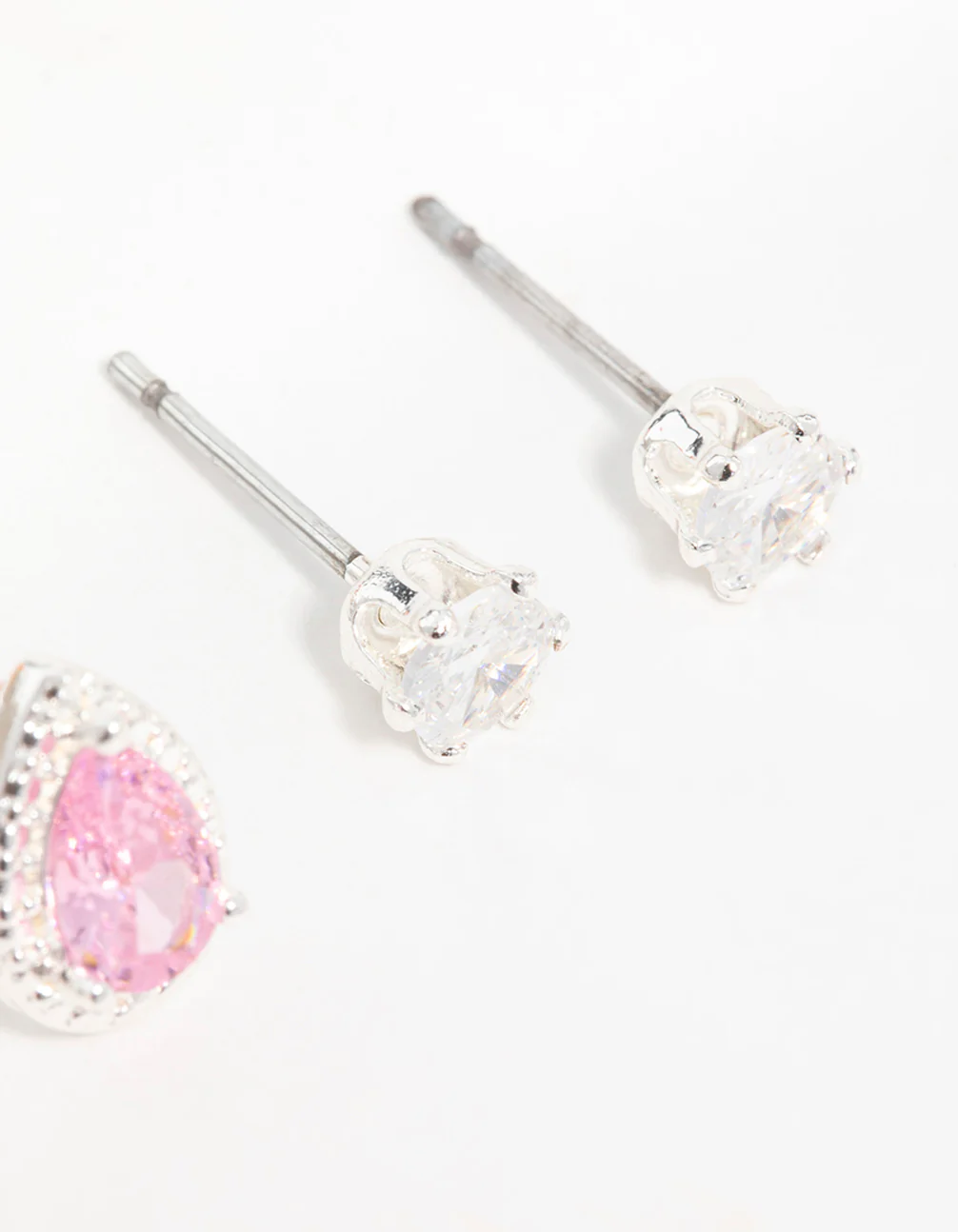 Silver Cubic Zirconia Teardrop & Square Stud Earrings 3-Pack - Image 3