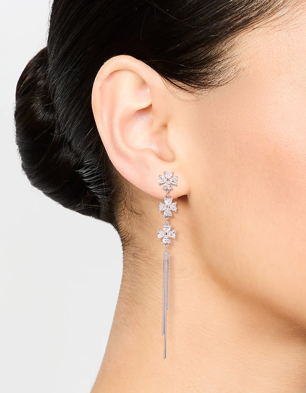 Silver Cubic Zirconia Triangular Floral Drop Earrings - Image 2
