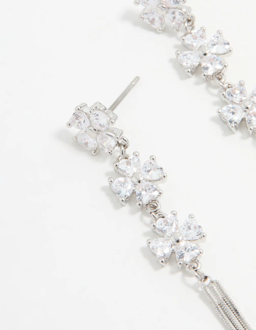 Silver Cubic Zirconia Triangular Floral Drop Earrings - Image 4