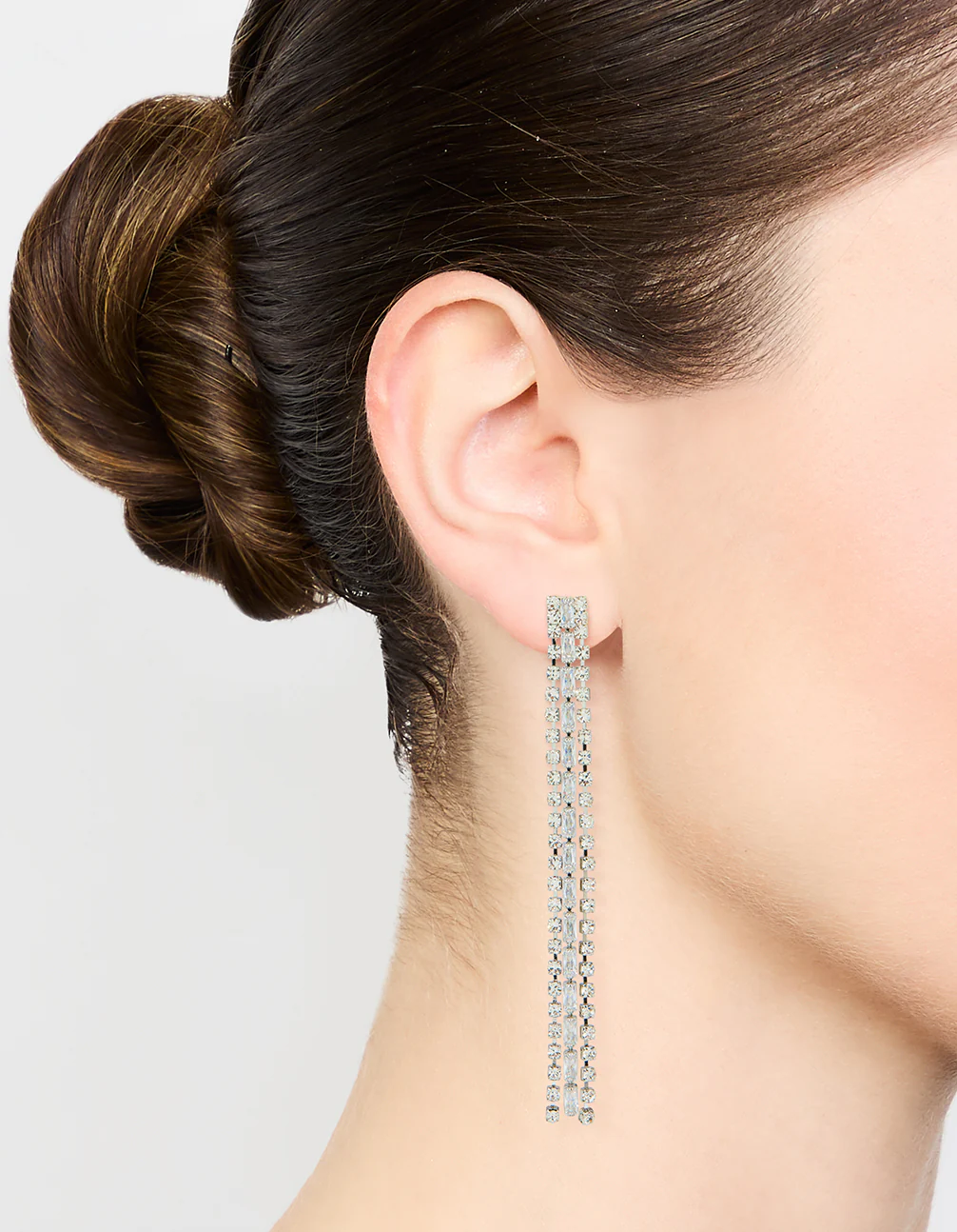 Silver Diamante Baguette Cupchain Drop Earrings - Image 2