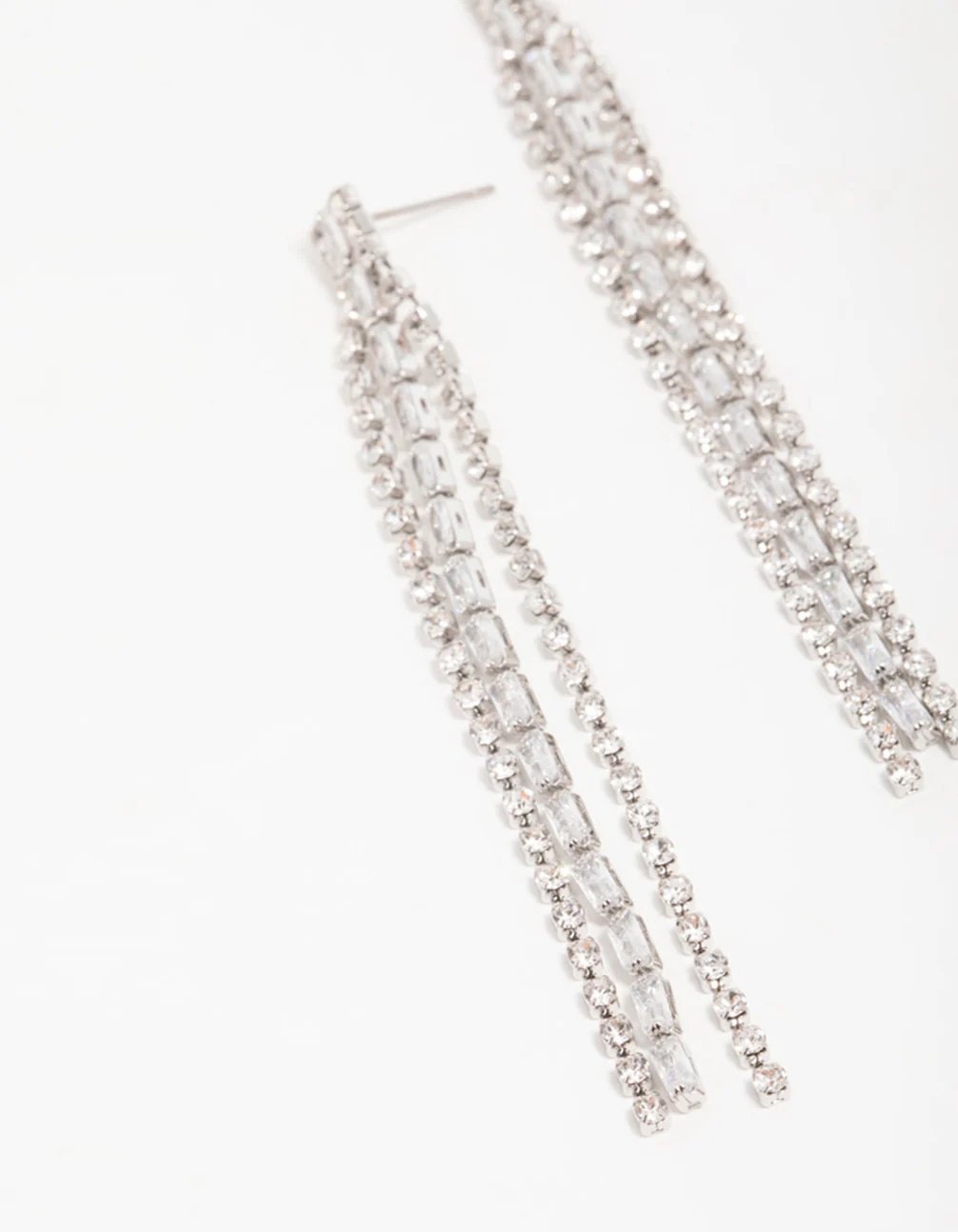 Silver Diamante Baguette Cupchain Drop Earrings - Image 4