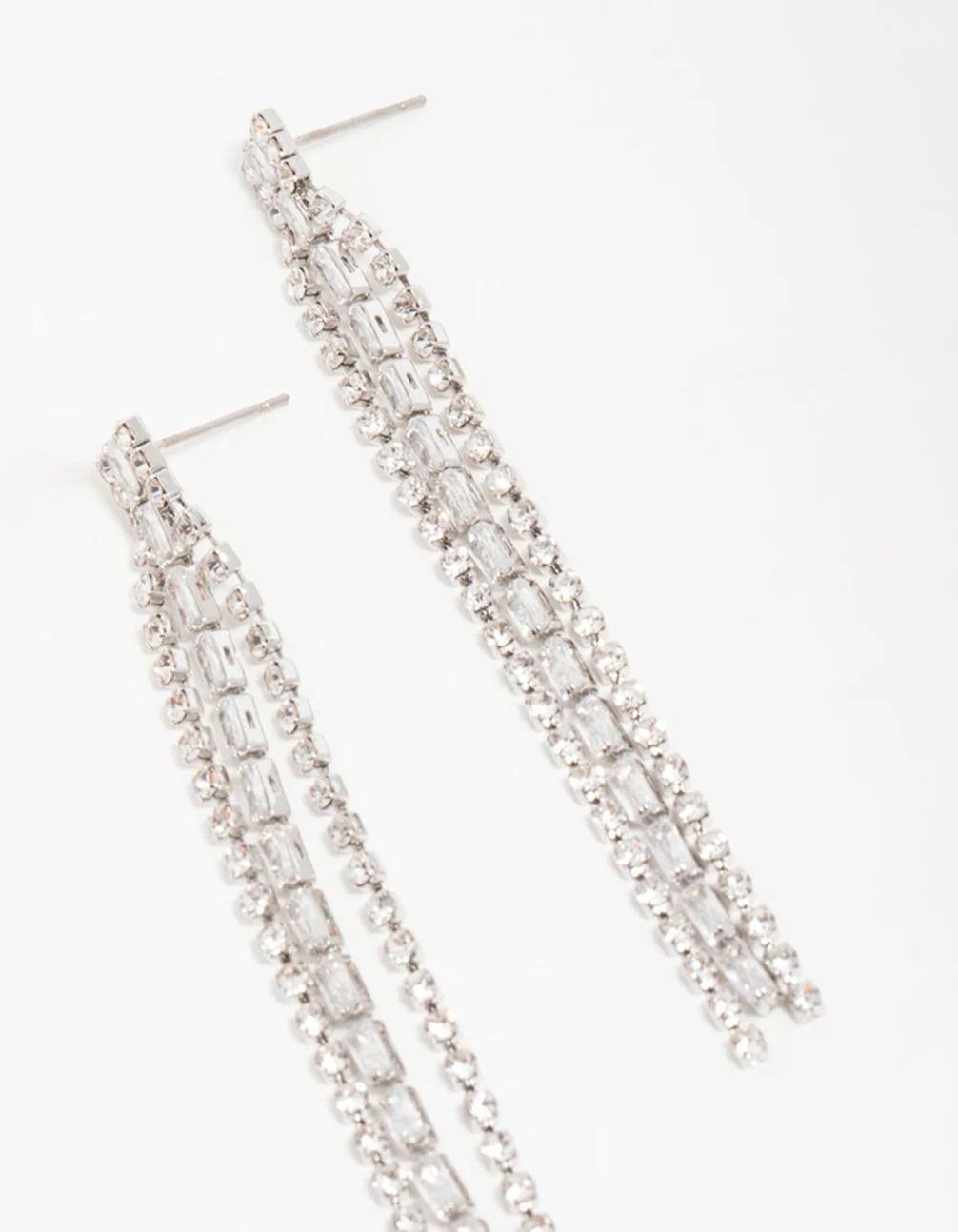 Silver Diamante Baguette Cupchain Drop Earrings - Image 5