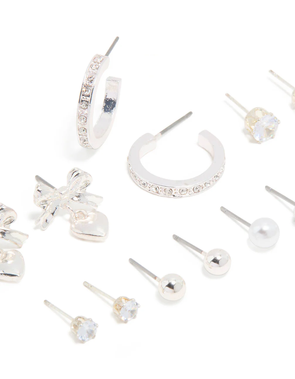 Silver Diamante & Bow Heart Earrings 7-Pack - Image 2