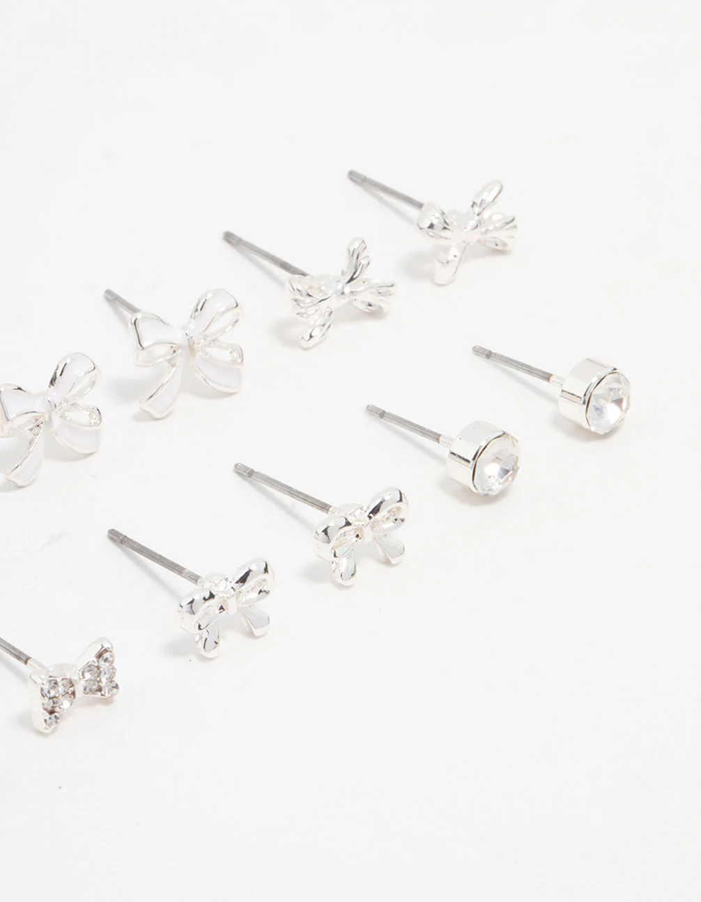 Silver Diamante & Bow Stud Earrings 8-Pack - Image 3