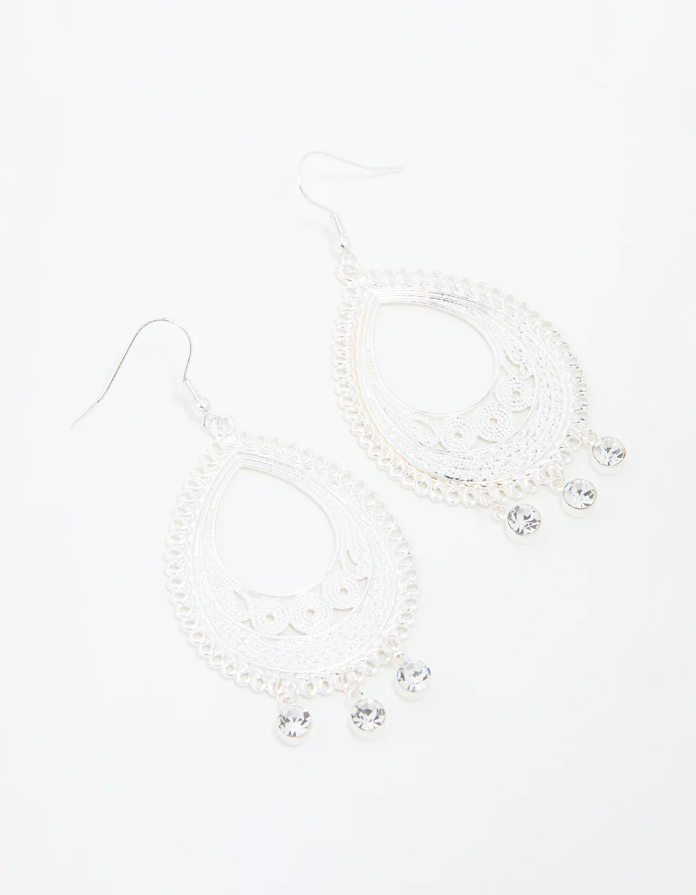 Silver Diamante Filigree Oval Drop Earrings