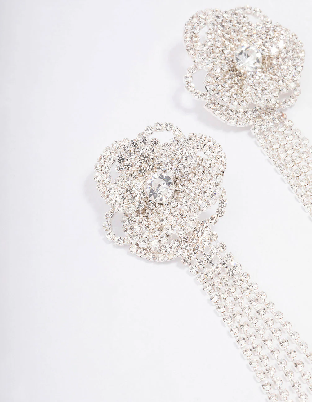 Silver Diamante Flower Cupchain Drop Earrings - Image 2