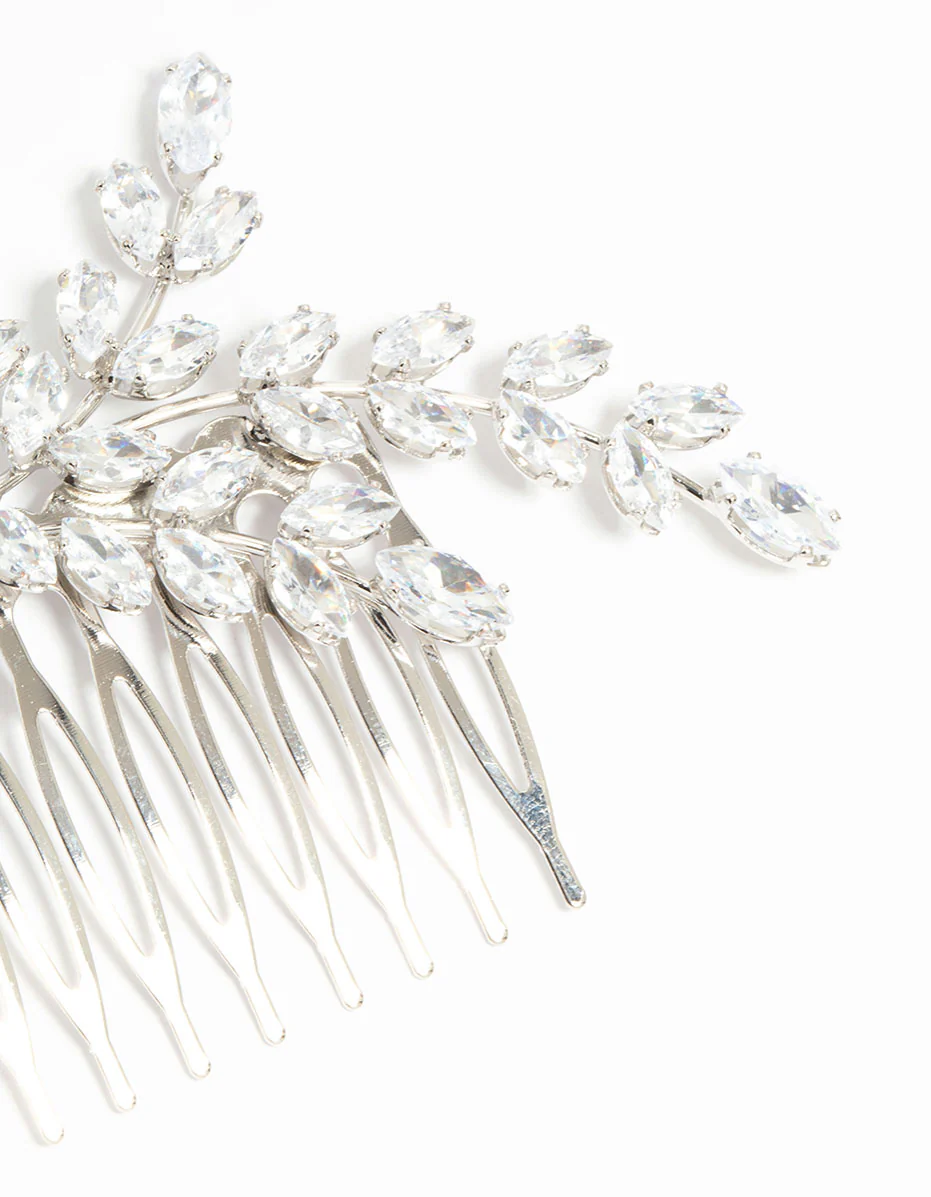 Silver Diamante Flower & Leaf Hair Comb - Image 3