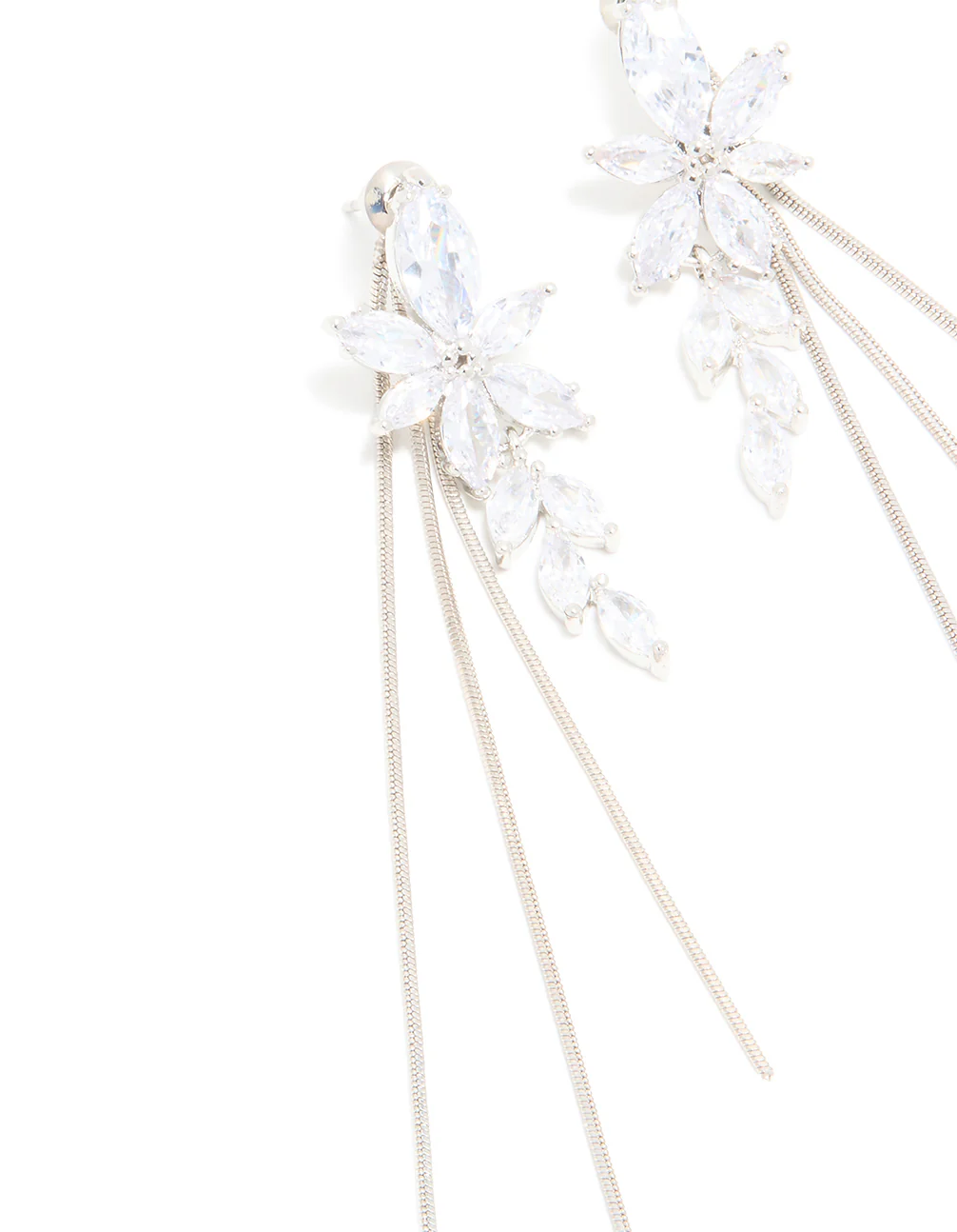 Silver Diamante Flower Triple Chain Drop Earrings - Image 4