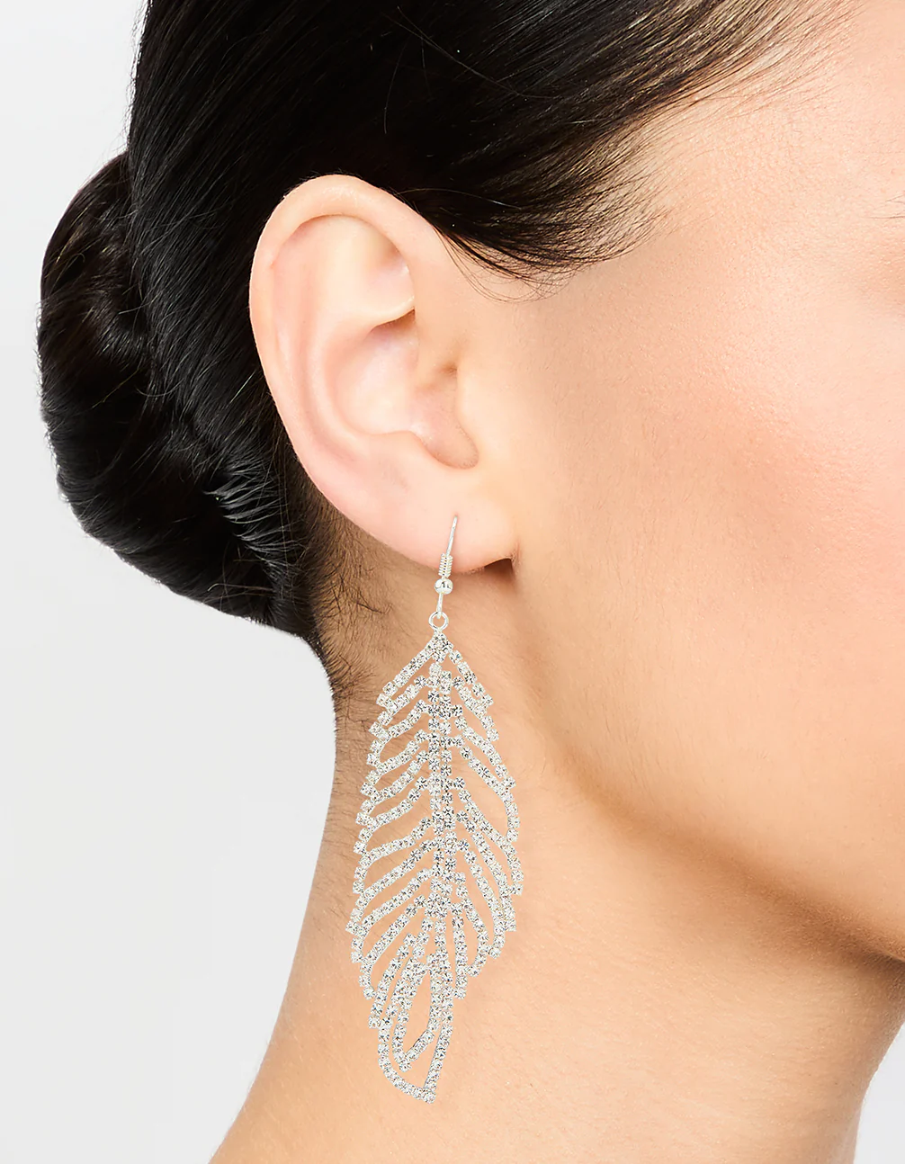 Silver Diamante Leaf Outline Hook Large Drop Earrings - Image 2