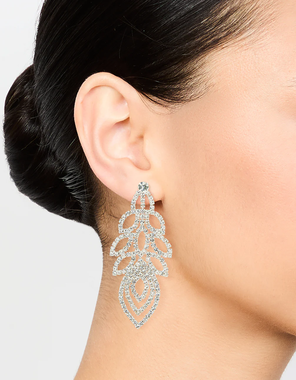Silver Diamante Large Peacock Feather Drop Earrings - Image 2